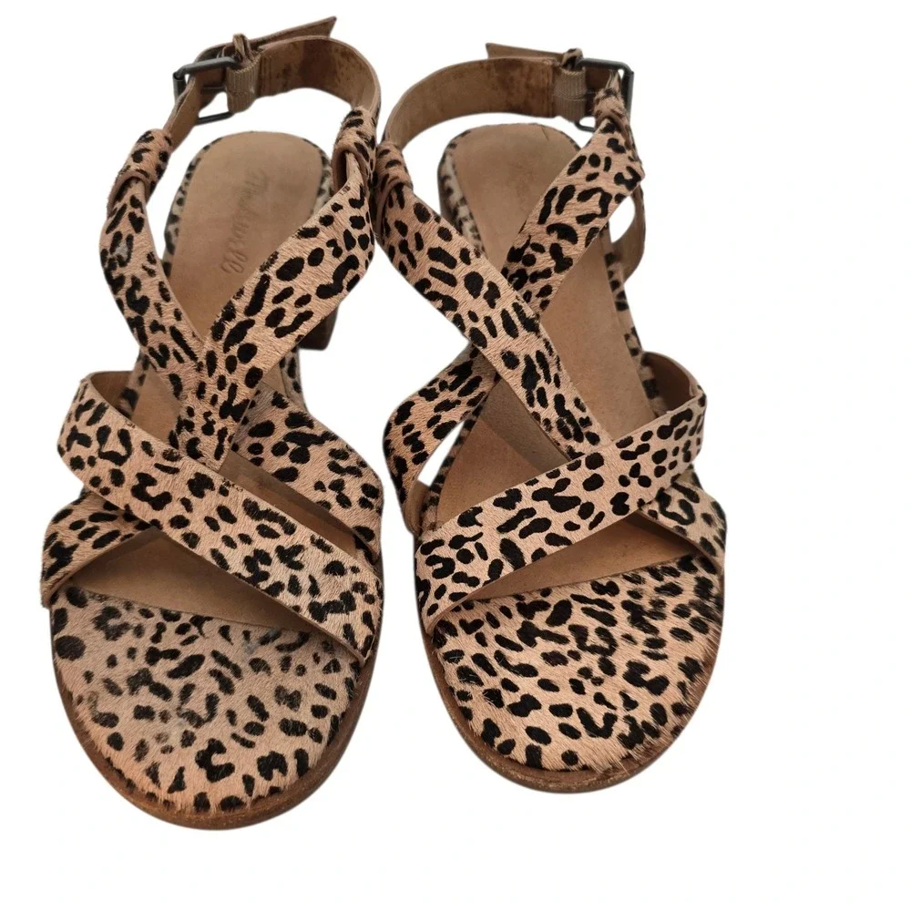 Madewell The Lori Leopard Calf Hair Sandals 7.5 Strappy‎ Block Heel Womens AH730
